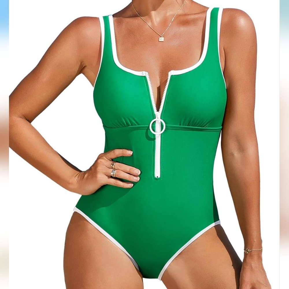 Charmo S Green One-Piece Swimsuit‎ with White Trim